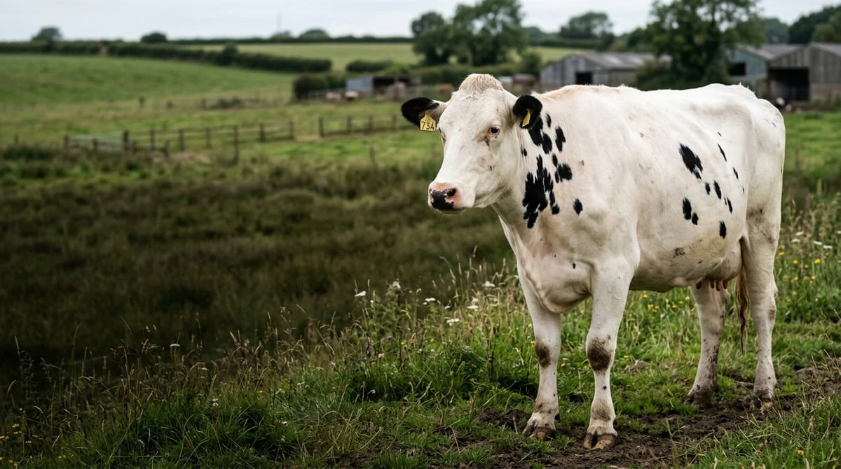 Professional veterinary livestock photograph of dairy cow in open pasture