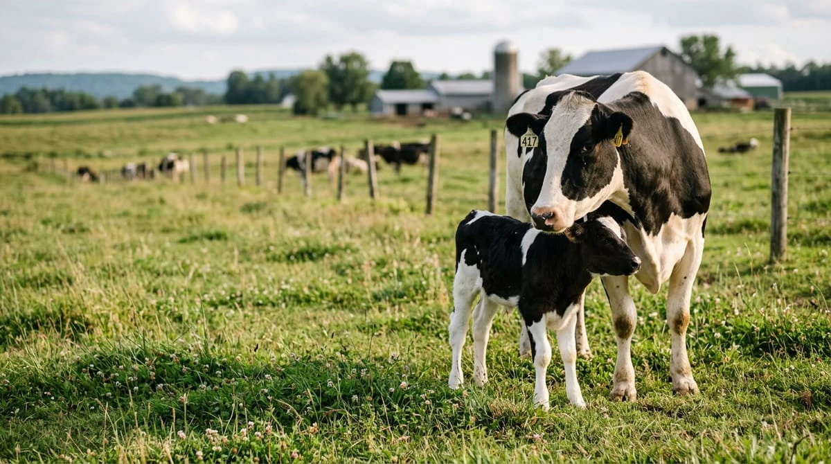 Dairy farm photograph of a healthy adult cow standing beside a calf