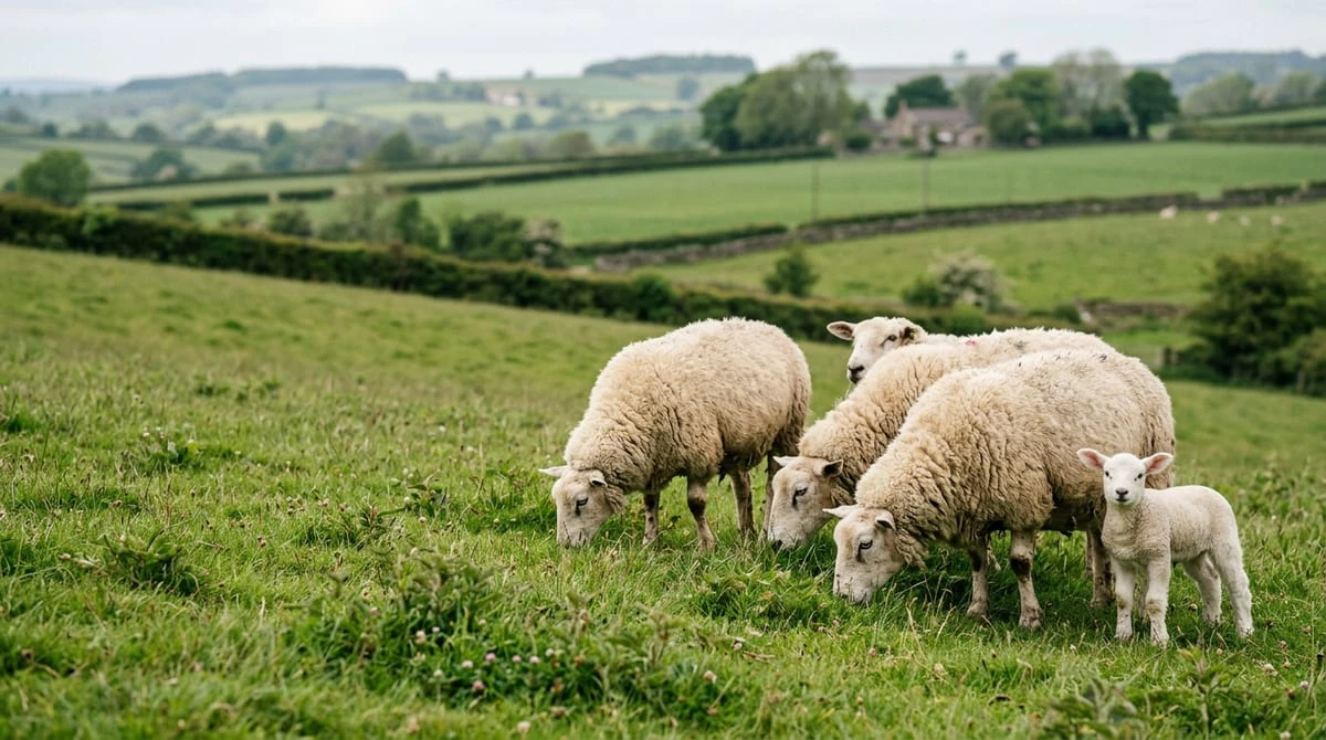 Agricultural photograph of healthy sheep and lamb in green pasture