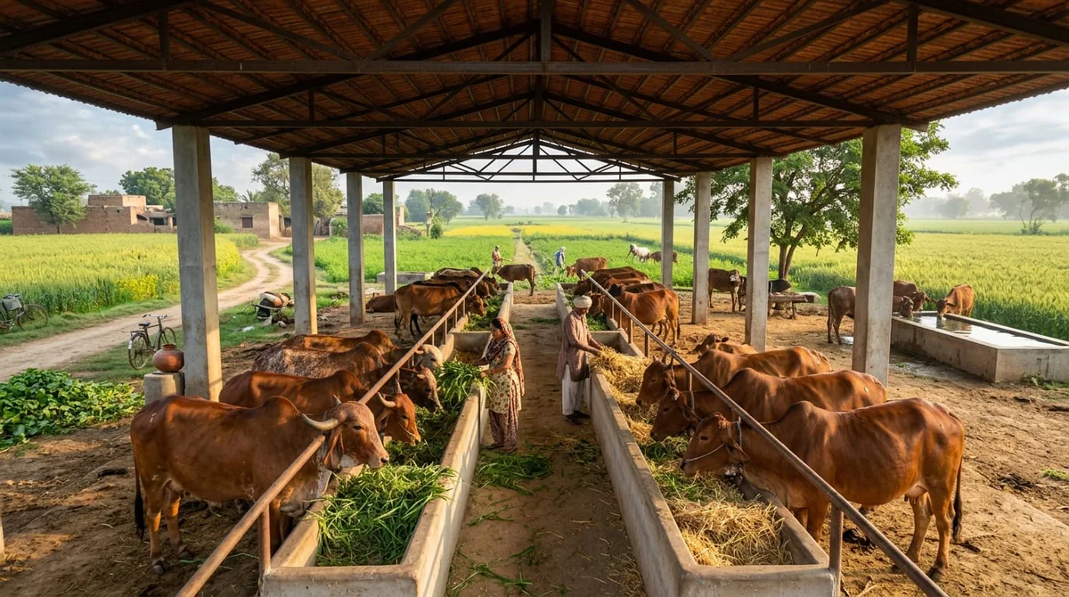 Authentic open-air Indian cow shelter (gaushala) and rural dairy farm