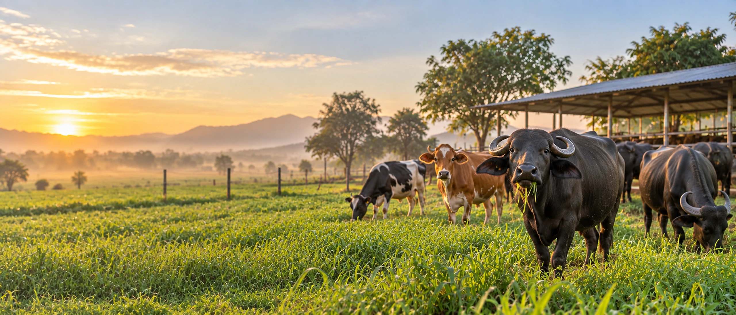 Dairy cattle and water buffalo grazing on lush morning pasture under a golden sunrise