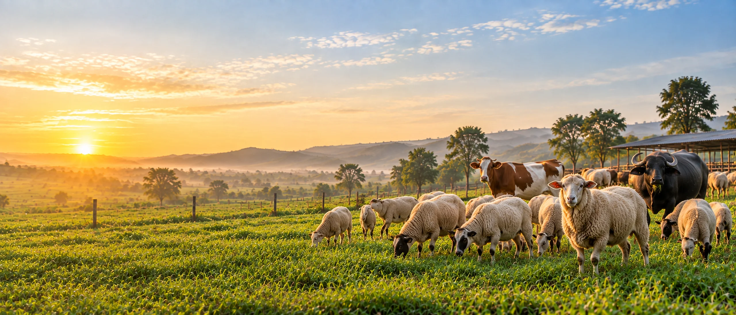 Golden sunrise over lush pasture with cattle, water buffalo, and grazing sheep