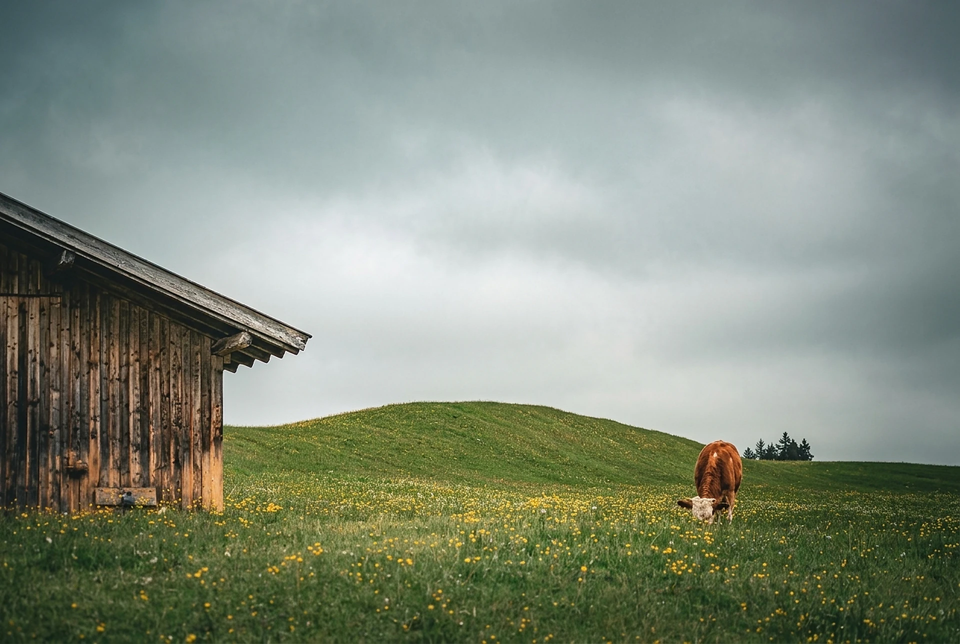 Cow grazing on a rolling green pasture beside a rustic wooden barn