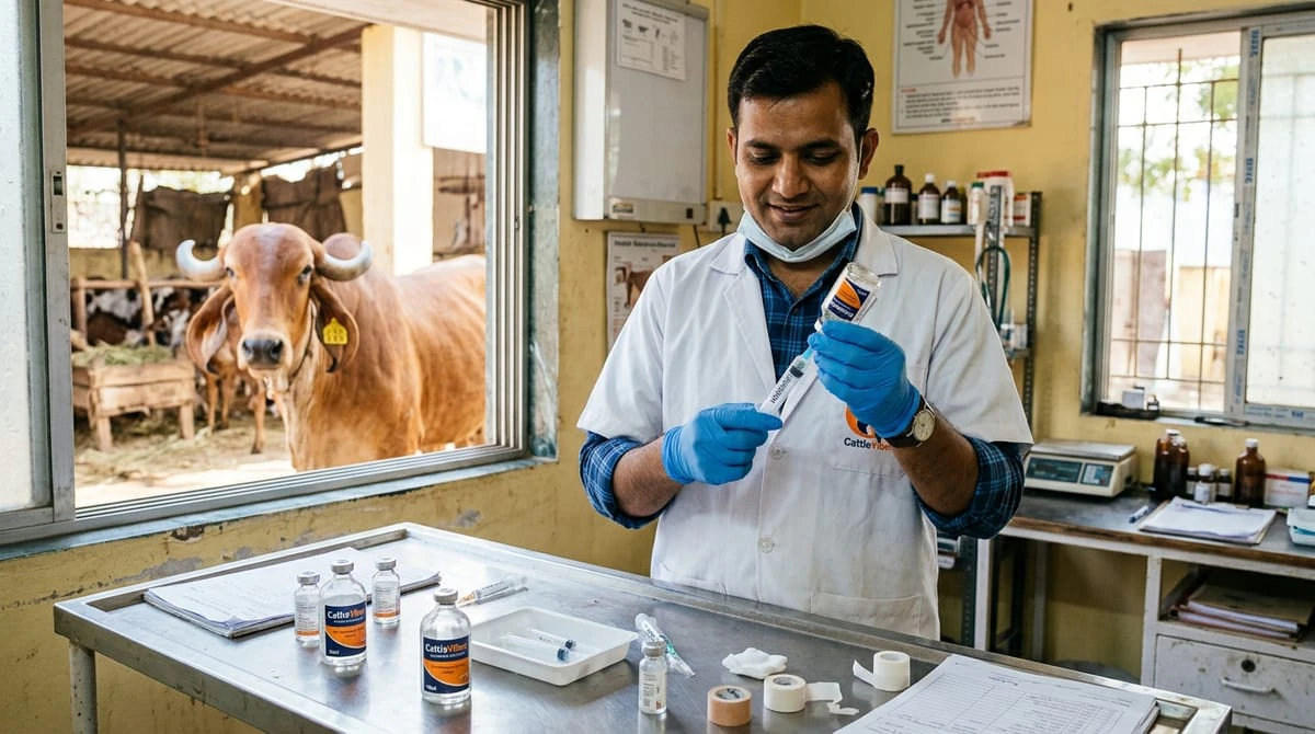 Indian veterinary doctor preparing CattleVibes sterile injectable medicines in clinical dairy station with Indian Gir cow