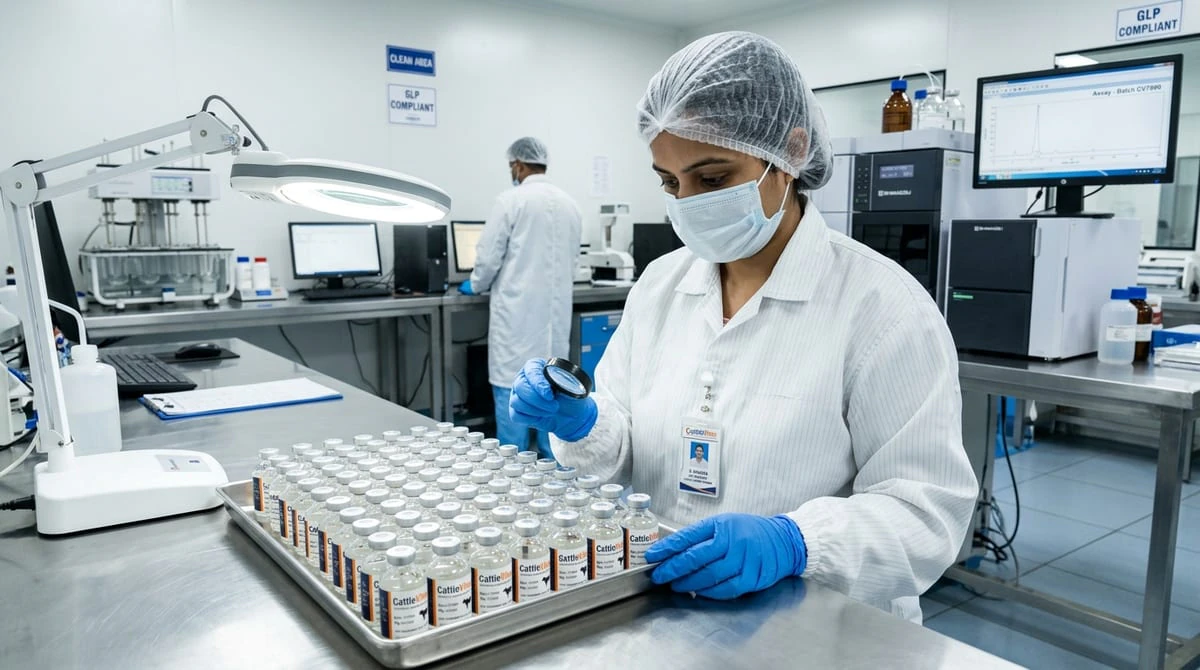 Indian pharmaceutical scientist in cleanroom inspecting analytical CattleVibes veterinary medicine vials under Schedule M standards