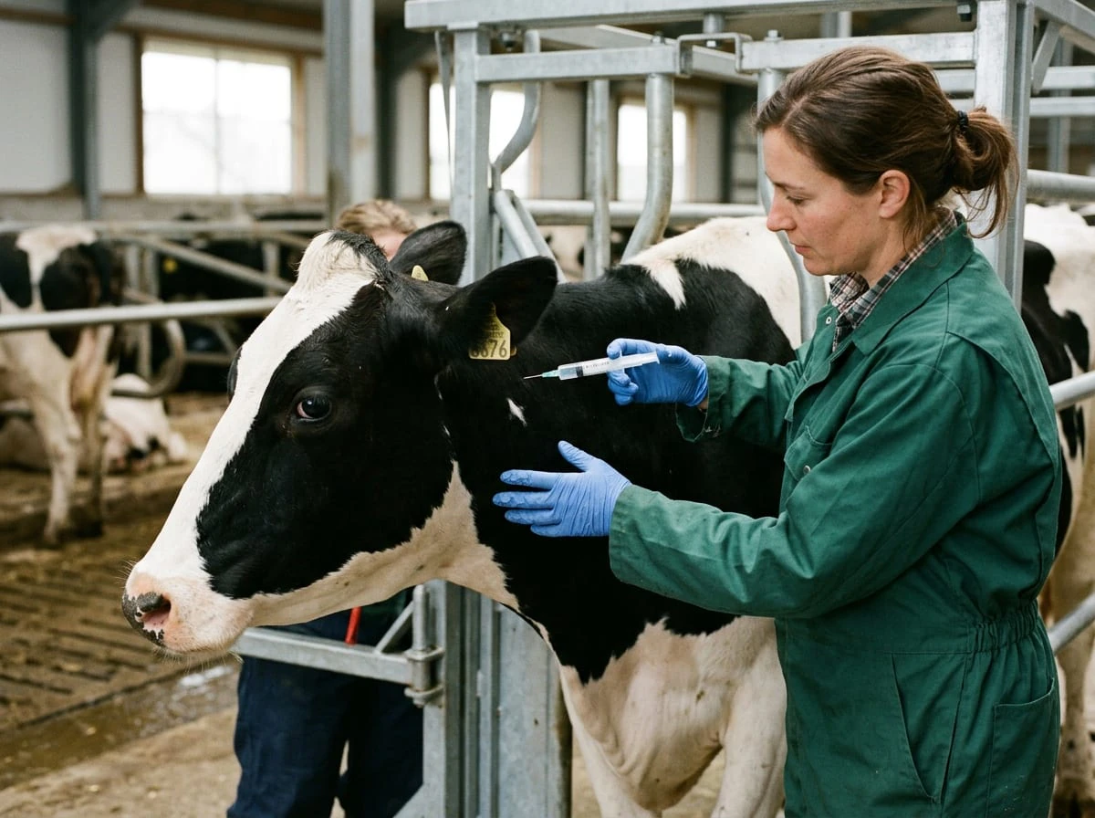 Licensed veterinarian administering medical injection treatment to dairy cattle in modern livestock facility